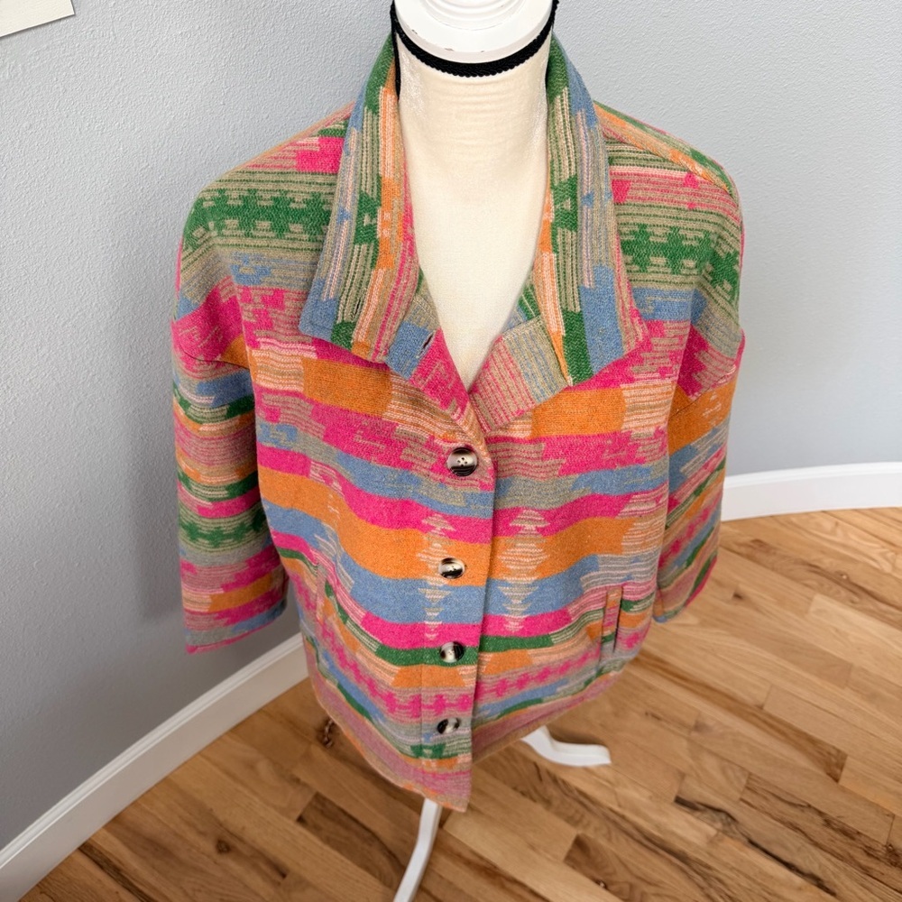 Multicolor Patterned Women's Jacket/Shacket - Bright Stripe Design - Picture 4 of 15